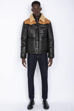Two-tone leather down jacket with fur collar - Image n°5