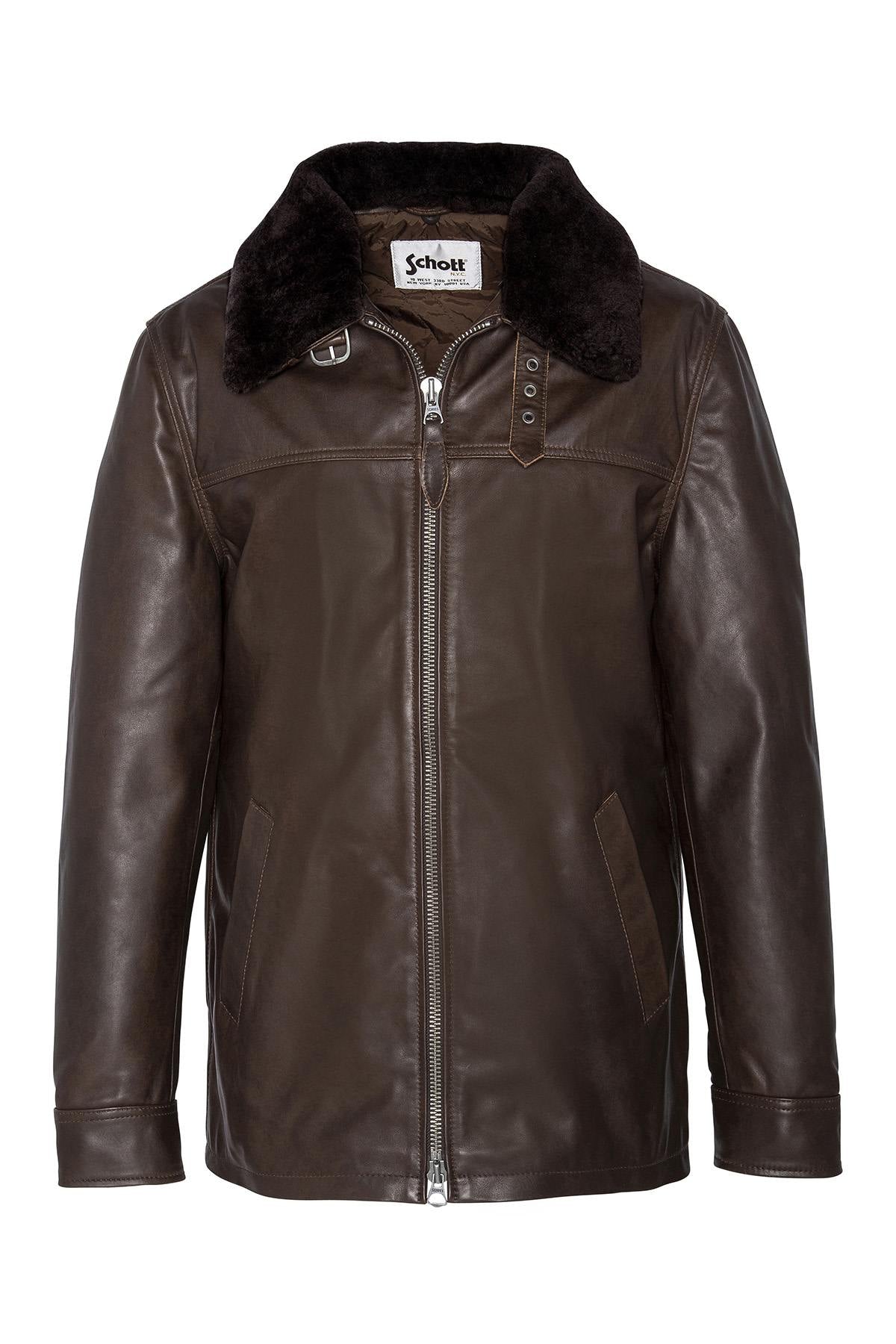 Brown cowhide aviator jacket by Schott, removable fur collar and zip. - Image n°6