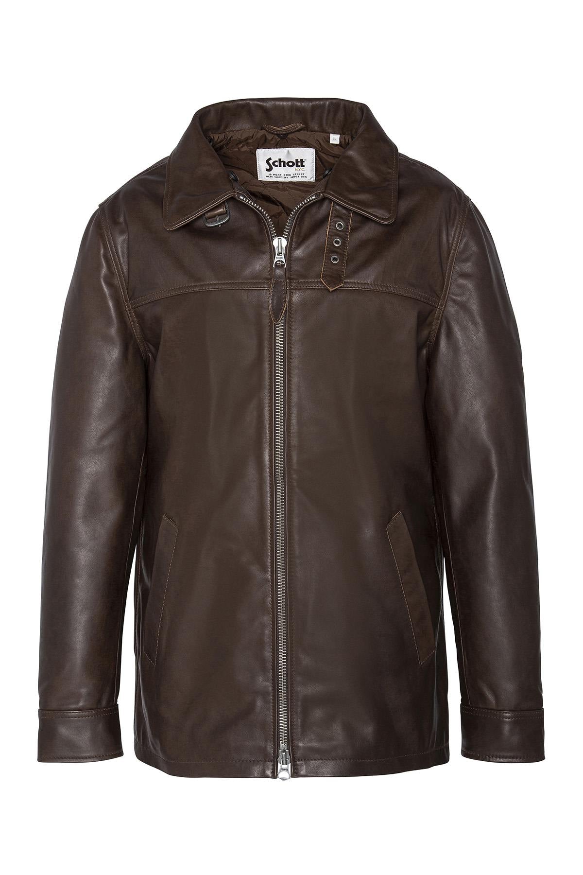 Brown cowhide aviator jacket by Schott, removable fur collar and zip. - Image n°8