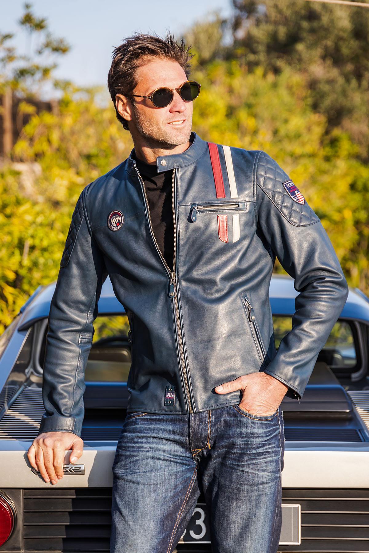 A royal blue nubuck sheep leather jacket with motorsport heritage. - Image n°1