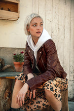 Burgundy lambskin biker with asymmetric zip and zipped cuffs. - Image n°2