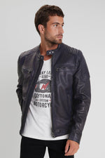 Navy lambskin biker jacket, slim fit, matte details, for all seasons. - Image n°4