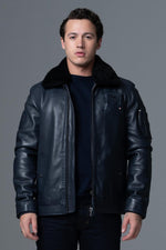French navy lambskin jacket: aviator style, fur collar, zip pockets. - Image n°6