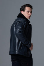 French navy lambskin jacket: aviator style, fur collar, zip pockets. - Image n°13