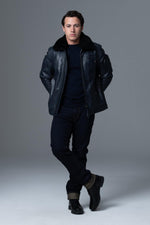 French navy lambskin jacket: aviator style, fur collar, zip pockets. - Image n°8