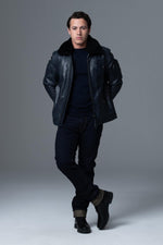 French navy lambskin jacket: aviator style, fur collar, zip pockets. - Image n°8