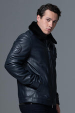French navy lambskin jacket: aviator style, fur collar, zip pockets. - Image n°9