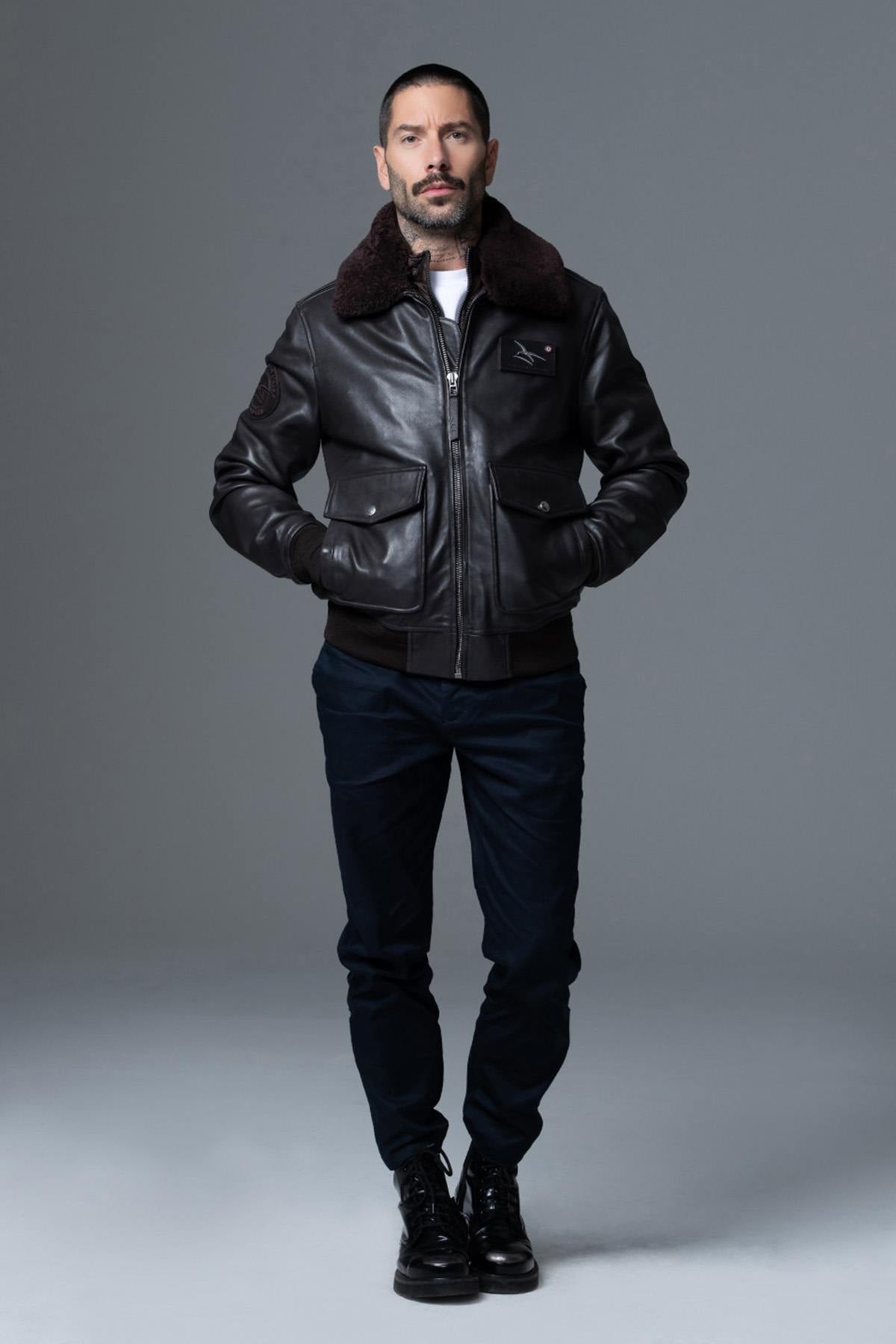 A2-style brown lambskin jacket with removable shearling collar. - Image n°3