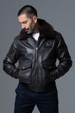 A2-style brown lambskin jacket with removable shearling collar. - Image n°2