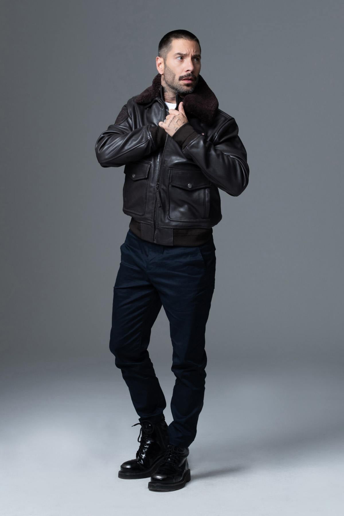 A2-style brown lambskin jacket with removable shearling collar. - Image n°11
