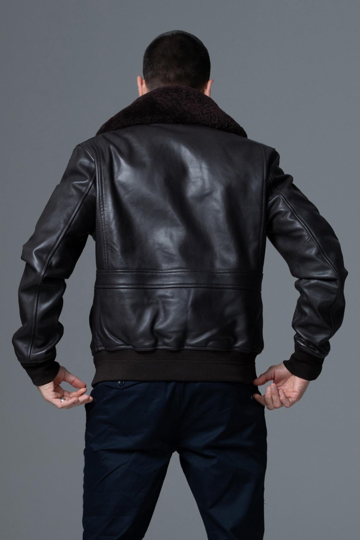 A2-style brown lambskin jacket with removable shearling collar. - Image n°8