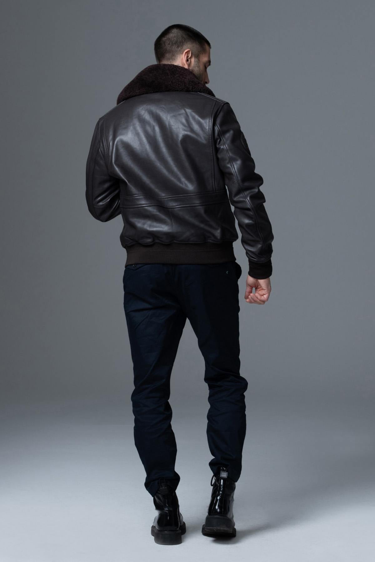 A2-style brown lambskin jacket with removable shearling collar. - Image n°9