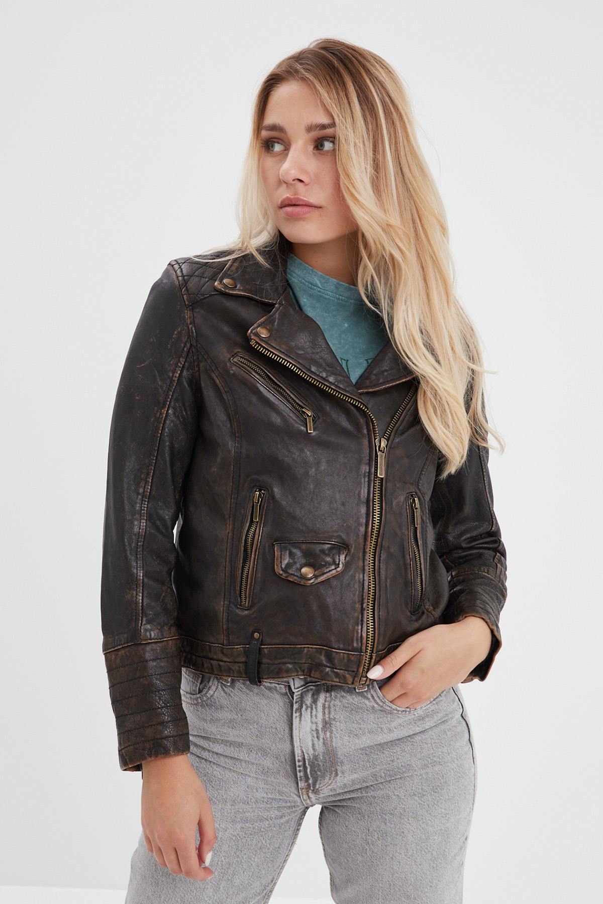 Rock-chic sheep leather jacket. finish, black and beige. - Image n°6