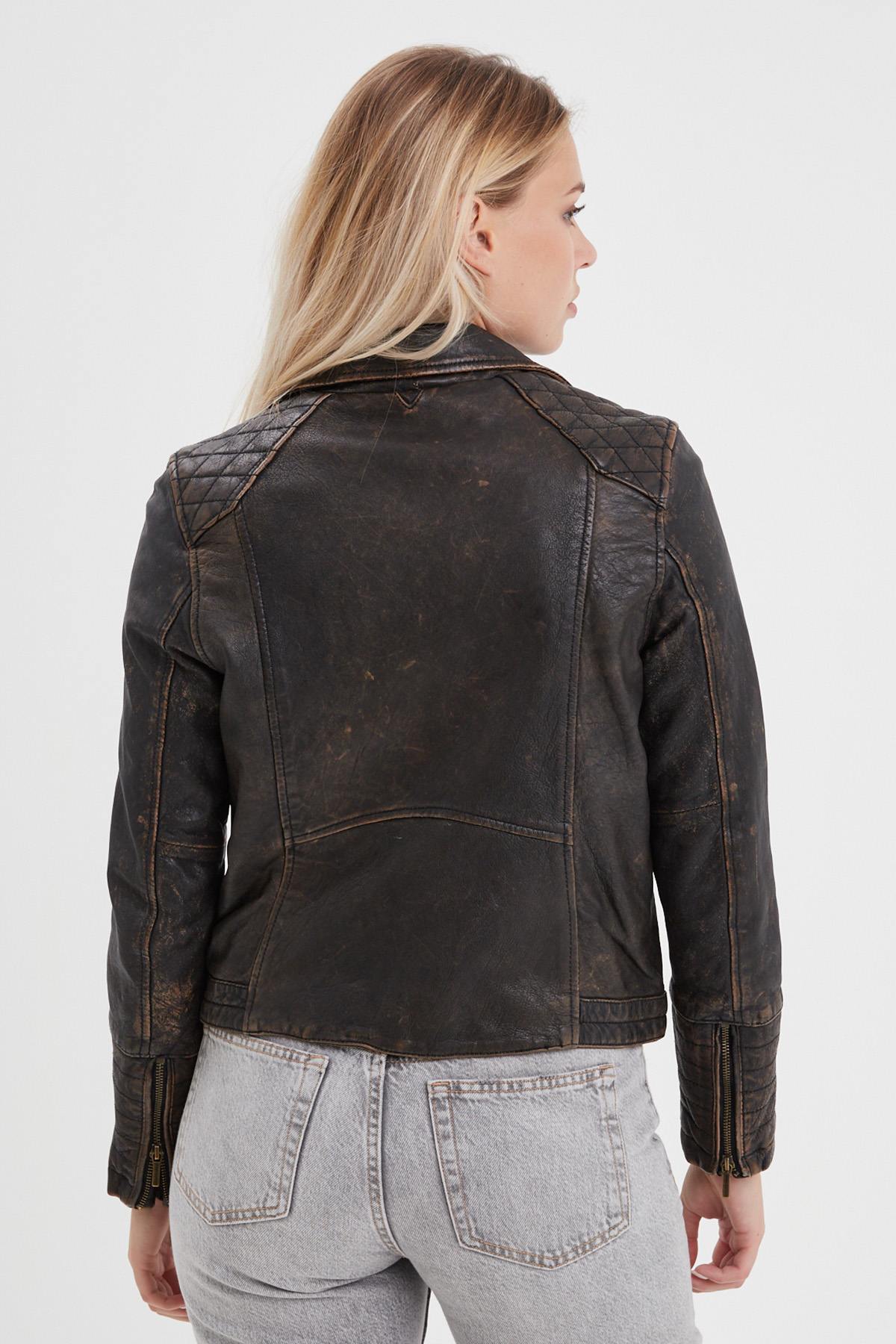 Rock-chic sheep leather jacket. finish, black and beige. - Image n°7