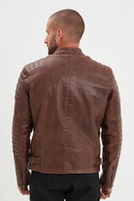 Dark cognac lambskin biker jacket with quilted shoulders and straps. - Image n°4