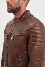 Dark cognac lambskin biker jacket with quilted shoulders and straps. - Image n°2