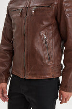Dark cognac lambskin biker jacket with quilted shoulders and straps. - Image n°5