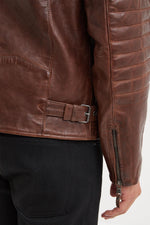 Dark cognac lambskin biker jacket with quilted shoulders and straps. - Image n°6