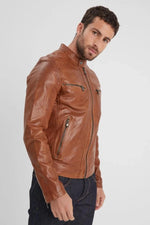 Timeless biker jacket in supple cognac lambskin with a textured touch. - Image n°4