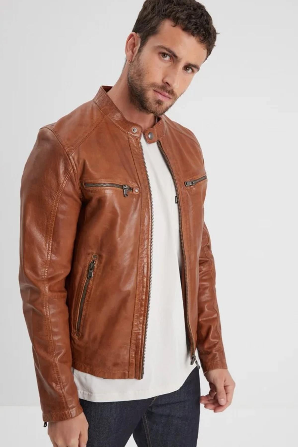 Timeless biker jacket in supple cognac lambskin with a textured touch. - Image n°1