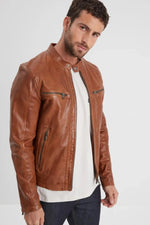 Timeless biker jacket in supple cognac lambskin with a textured touch. - Image n°1