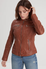 Cognac lambskin jacket: moto collar, silver zips, floral-lined. - Image n°1