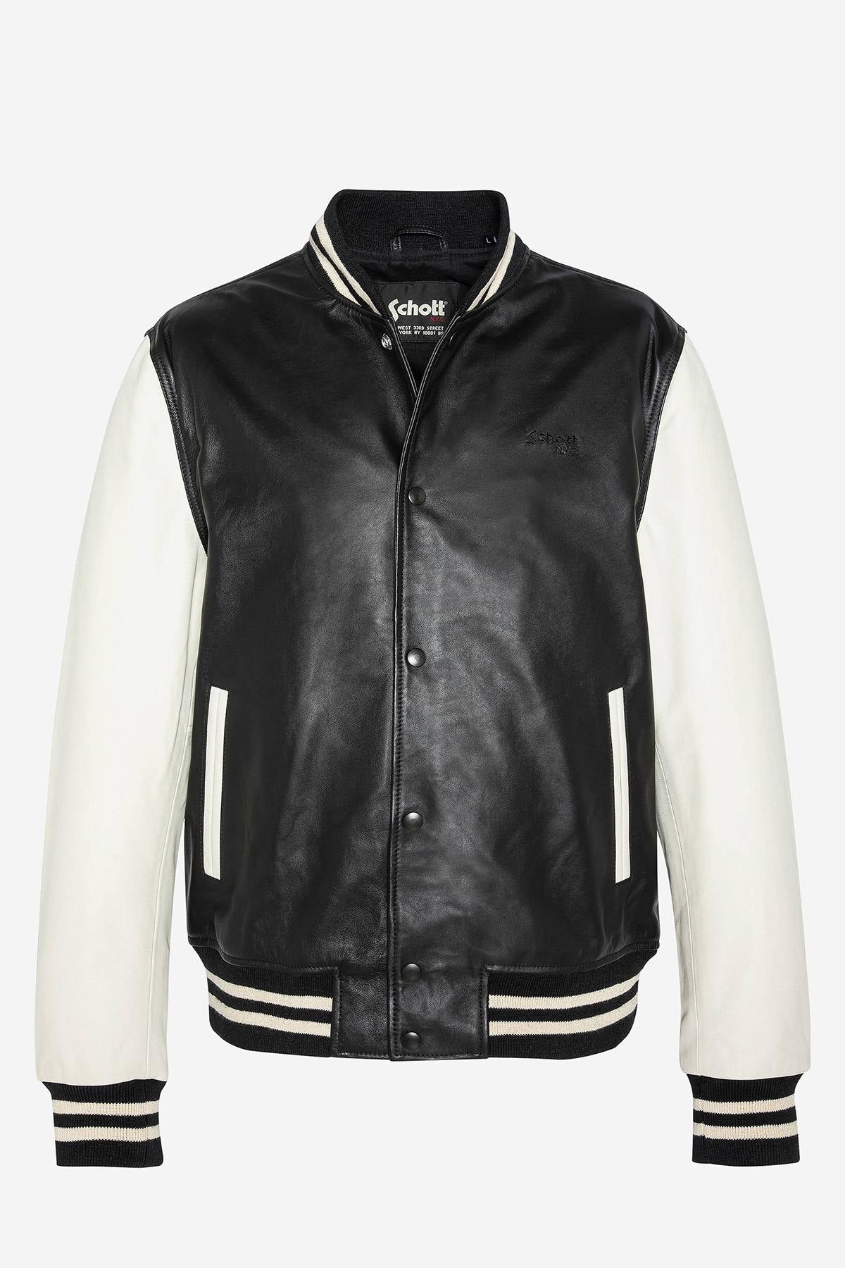 Schott's varsity-style lambskin jacket in black and off-white. - Image n°3