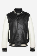 Schott's varsity-style lambskin jacket in black and off-white. - Image n°3