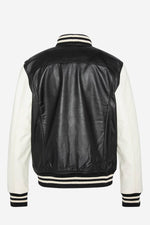 Schott's varsity-style lambskin jacket in black and off-white. - Image n°4