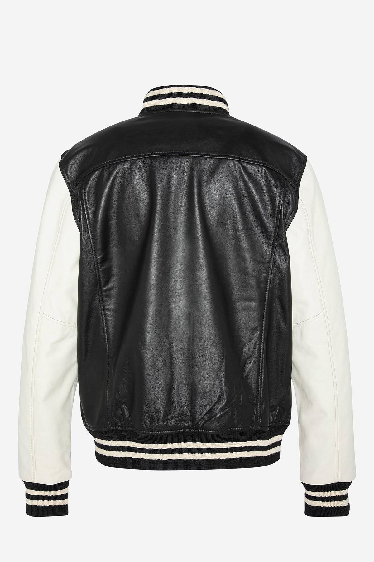 Schott's varsity-style lambskin jacket in black and off-white. - Image n°4