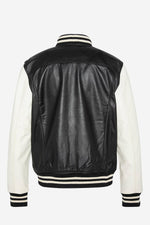 Schott's varsity-style lambskin jacket in black and off-white. - Image n°4