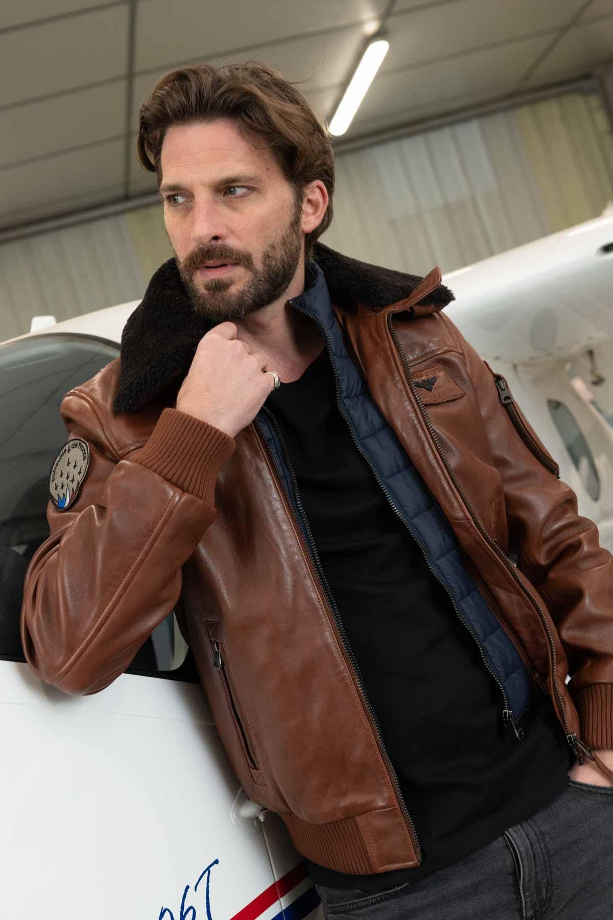 Rich cognac lambskin aviator jacket with removable shearling collar. - Image n°1