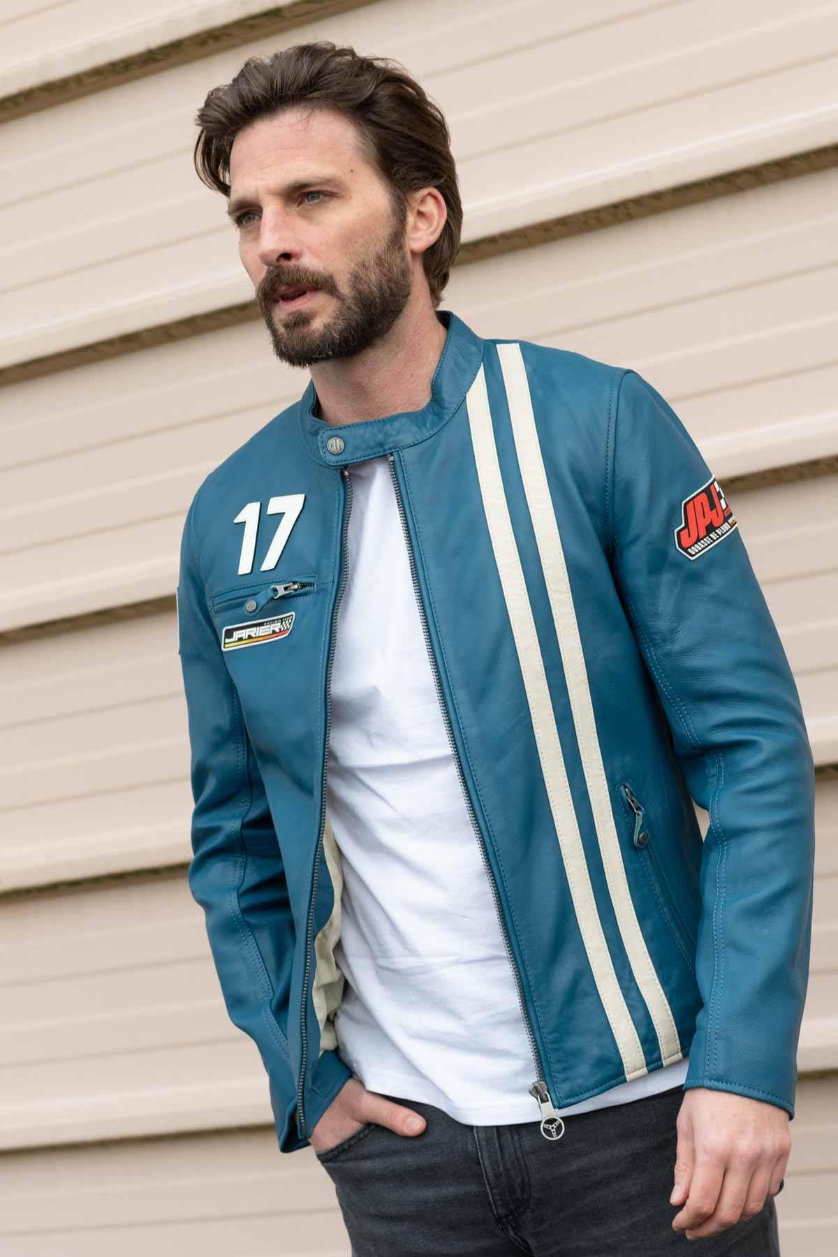 Soft, lightweight Ocean Blue sheepskin jacket inspired by Jarier. - Image n°1