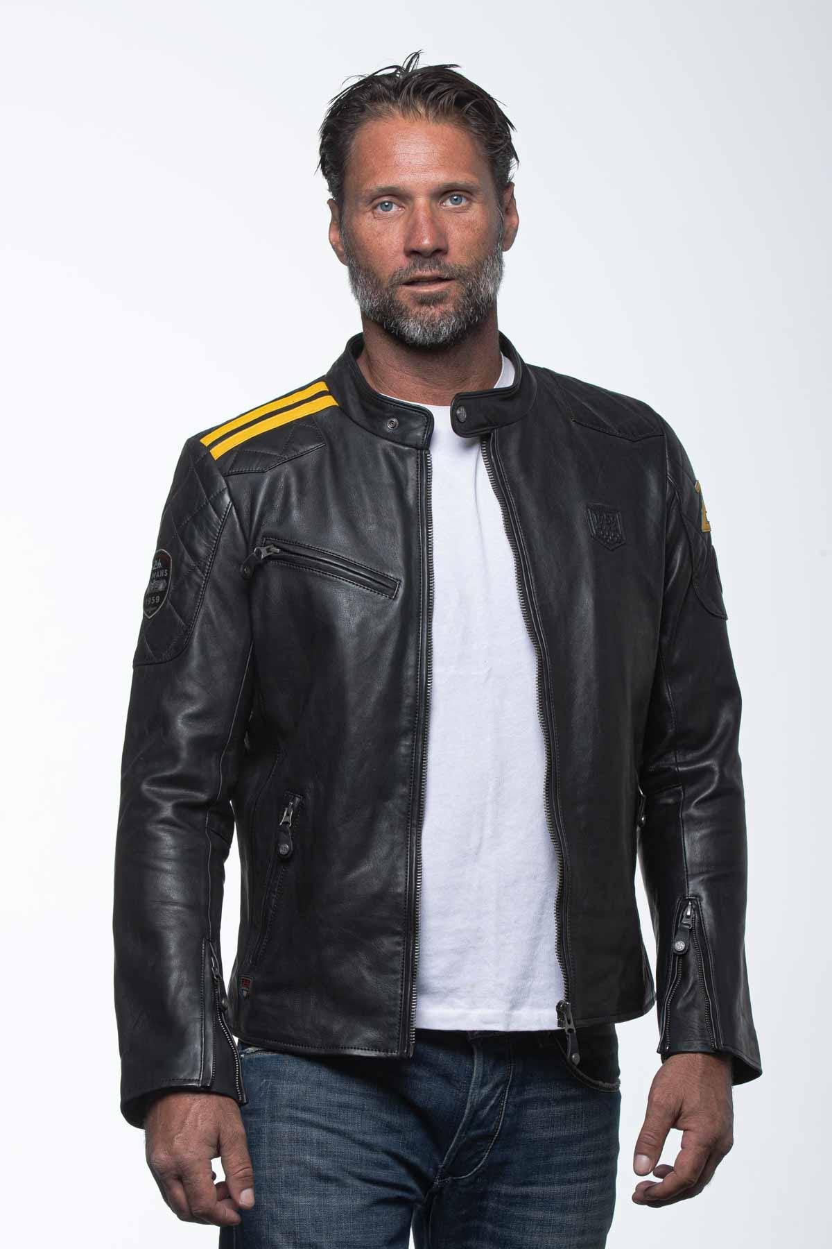 Black leather jacket with biker racing collar - Image n°4