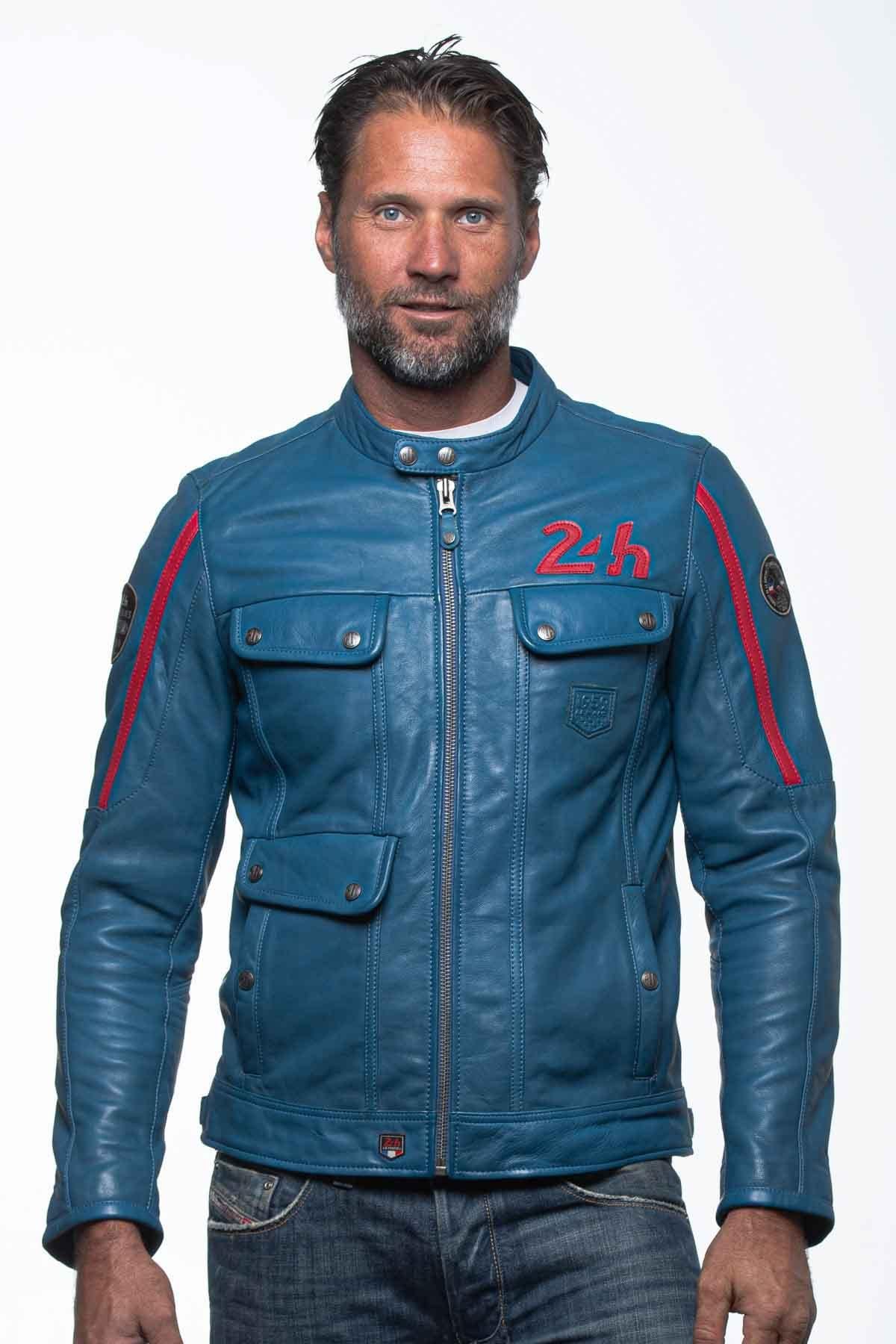 Supple sheep leather jacket in ocean blue, inspired by Le Mans racing. - Image n°2