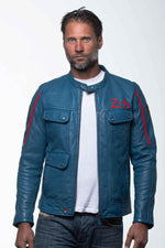 Supple sheep leather jacket in ocean blue, inspired by Le Mans racing. - Image n°1