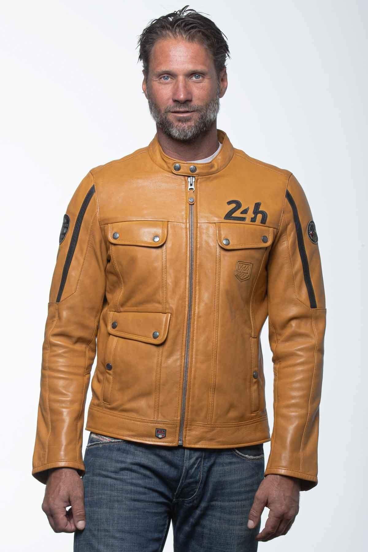 Yellow racing biker collar leather jacket - Image n°4