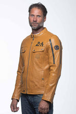 Yellow racing biker collar leather jacket - Image n°3