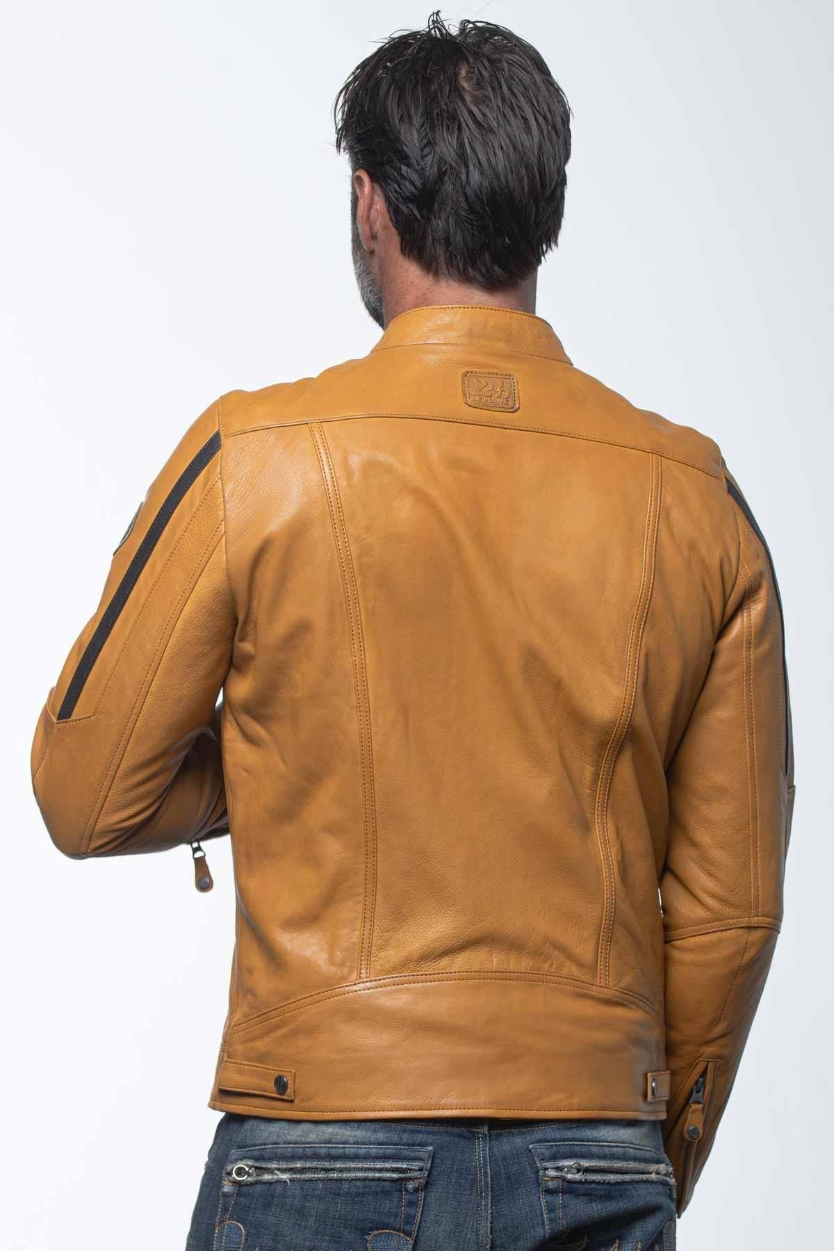 Yellow racing biker collar leather jacket - Image n°5