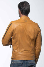 Yellow racing biker collar leather jacket - Image n°5