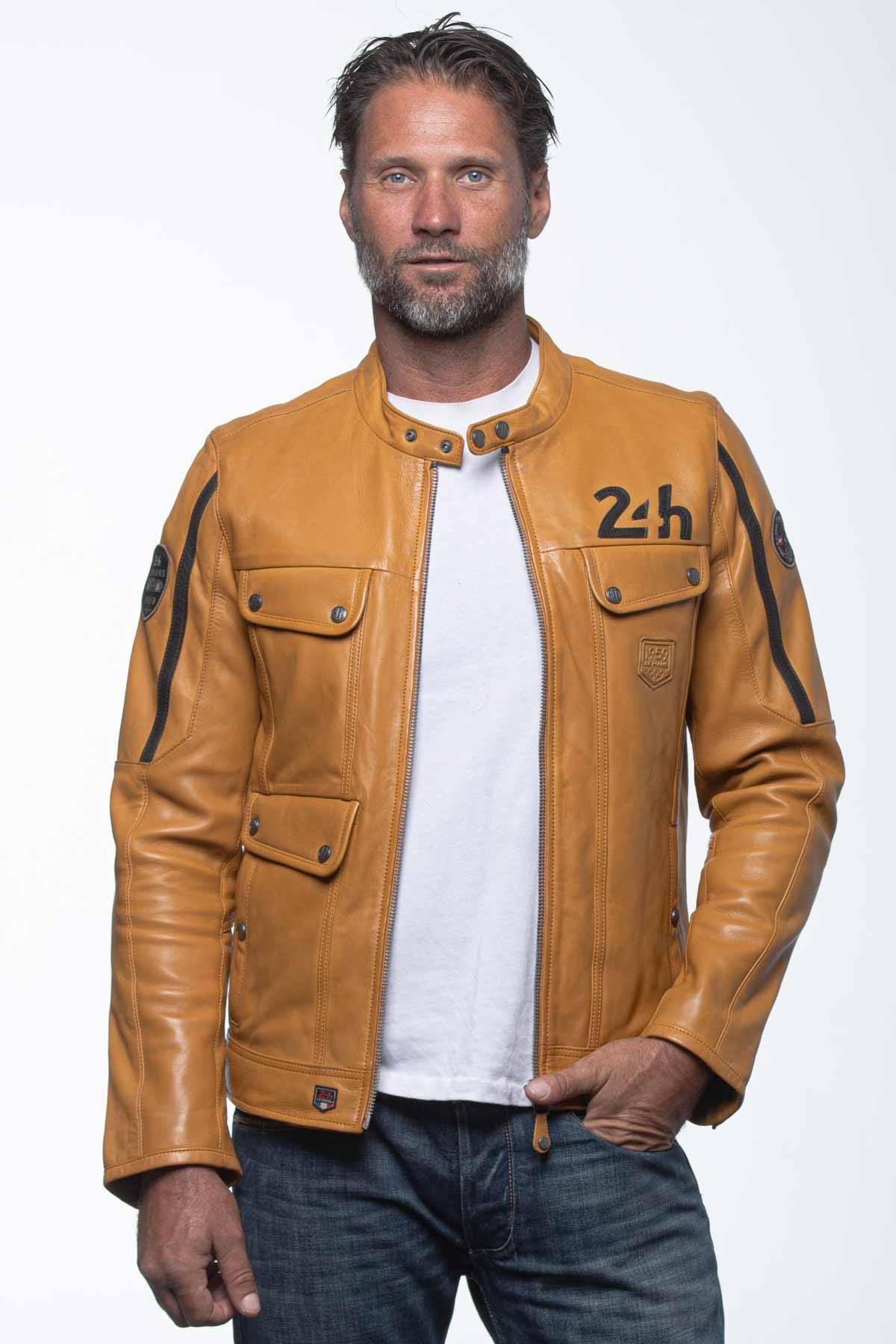 The LAGACHE4: a yellow sheepskin jacket. Biker collar, regular fit. - Image n°1