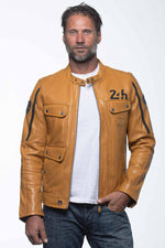 The LAGACHE4: a yellow sheepskin jacket. Biker collar, regular fit. - Image n°1