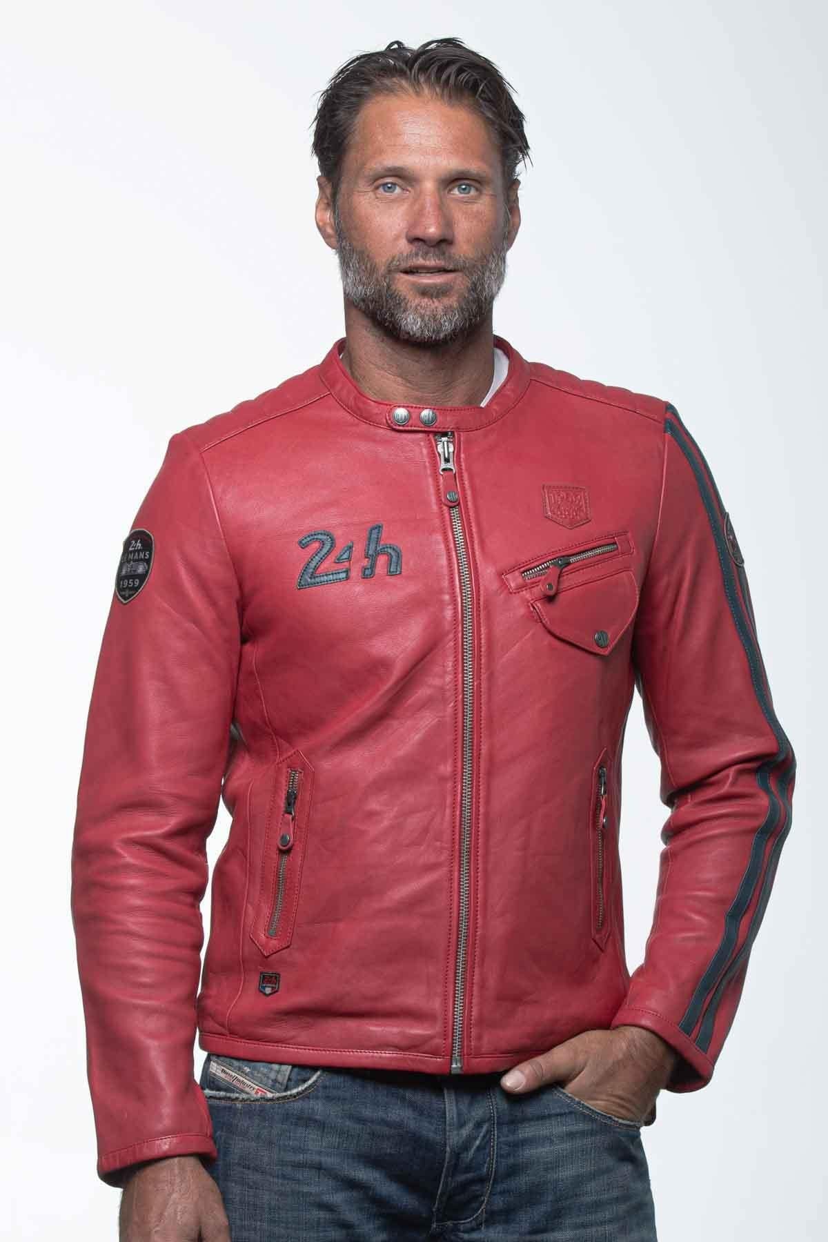 Racing red biker collar leather jacket - Image n°5