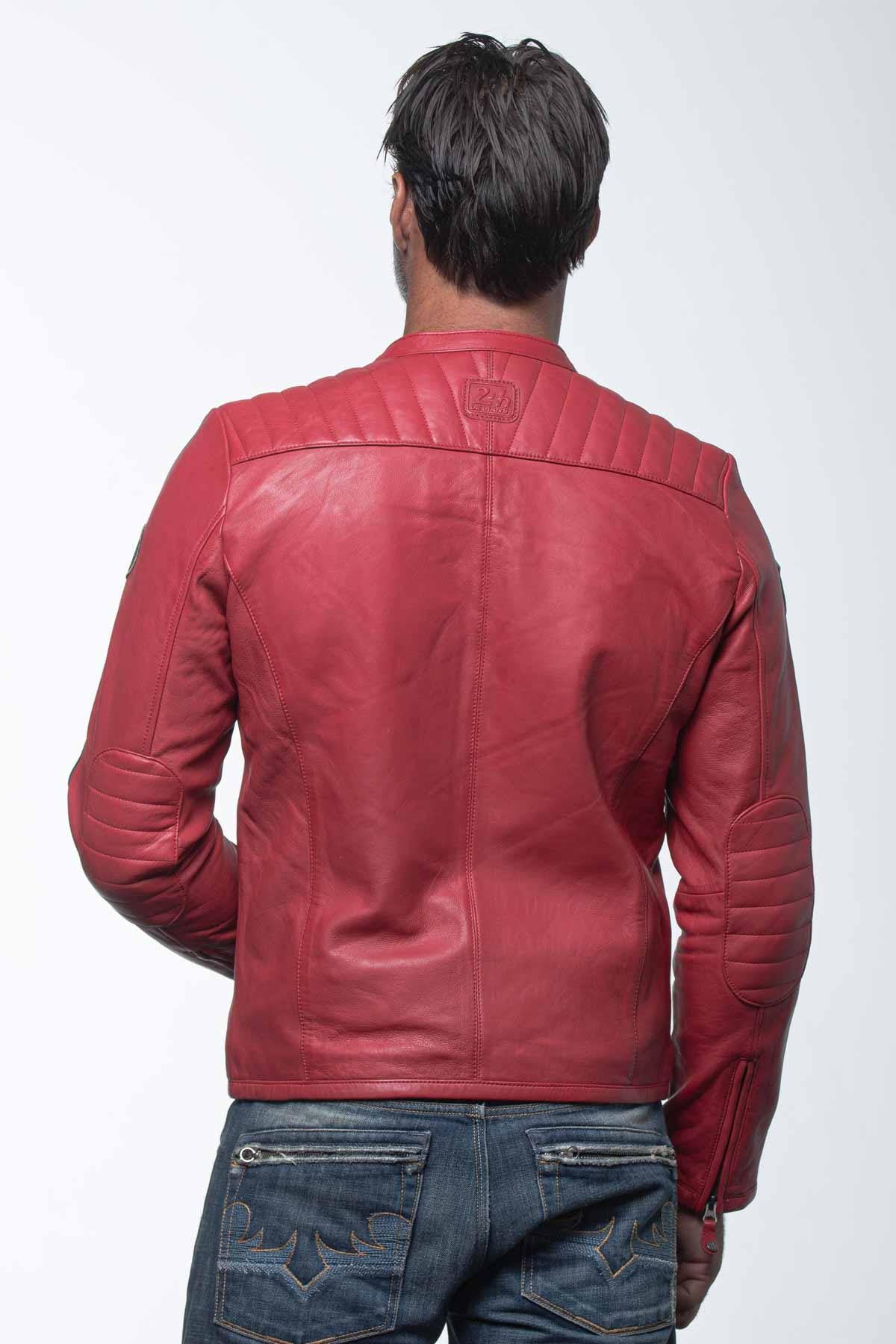Racing Red lambskin jacket with Le Mans patches and a moto collar. - Image n°2