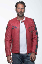 Racing Red lambskin jacket with Le Mans patches and a moto collar. - Image n°1
