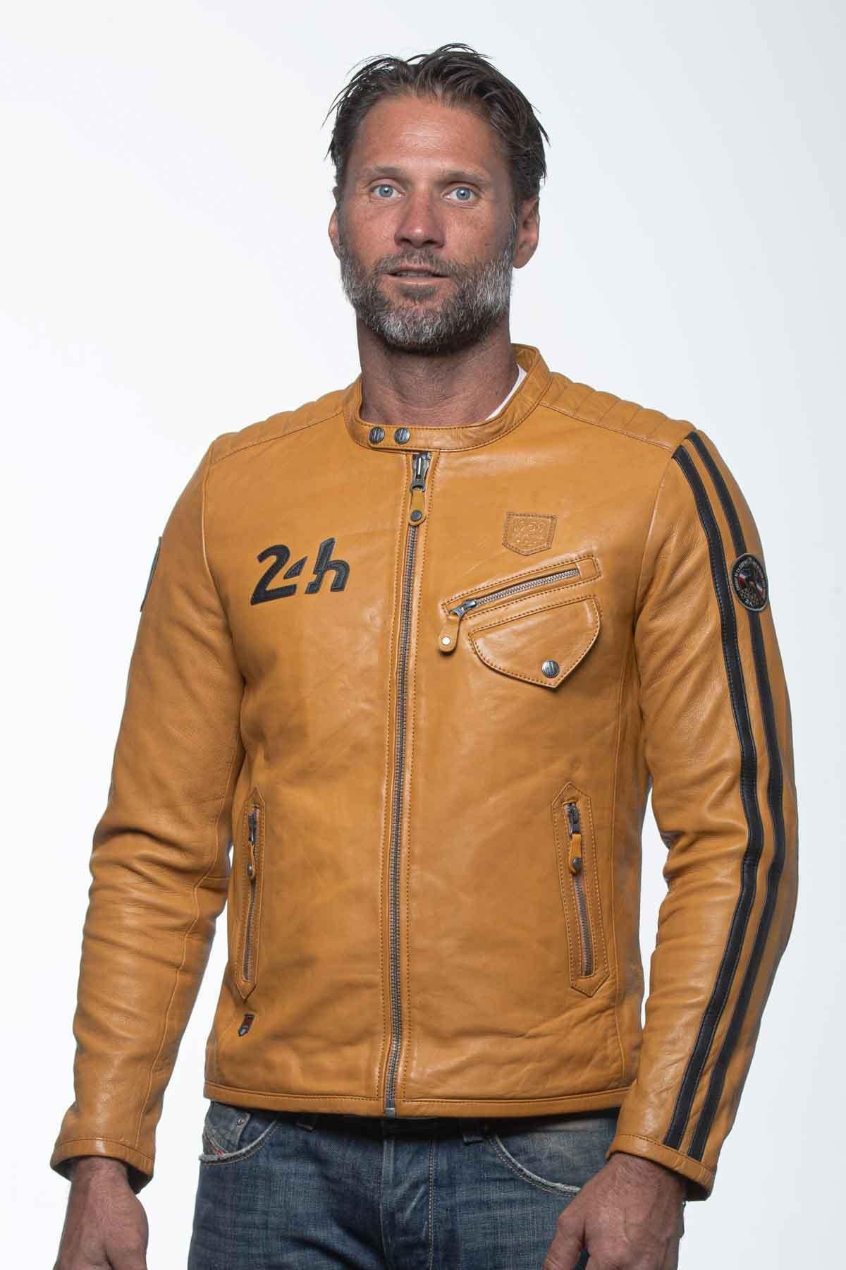 Yellow racing biker collar leather jacket - Image n°7