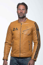 Yellow racing biker collar leather jacket - Image n°7