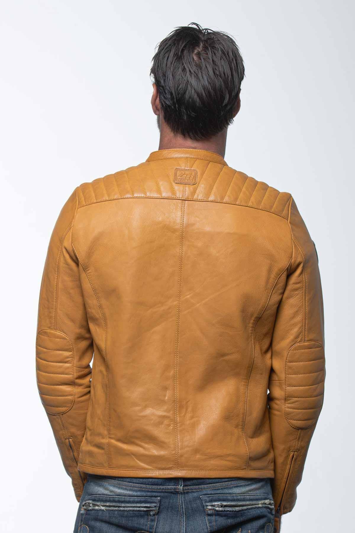 Yellow racing biker collar leather jacket - Image n°6