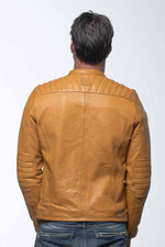 Yellow racing biker collar leather jacket - Image n°6