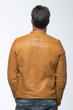 Yellow racing biker collar leather jacket - Image n°6
